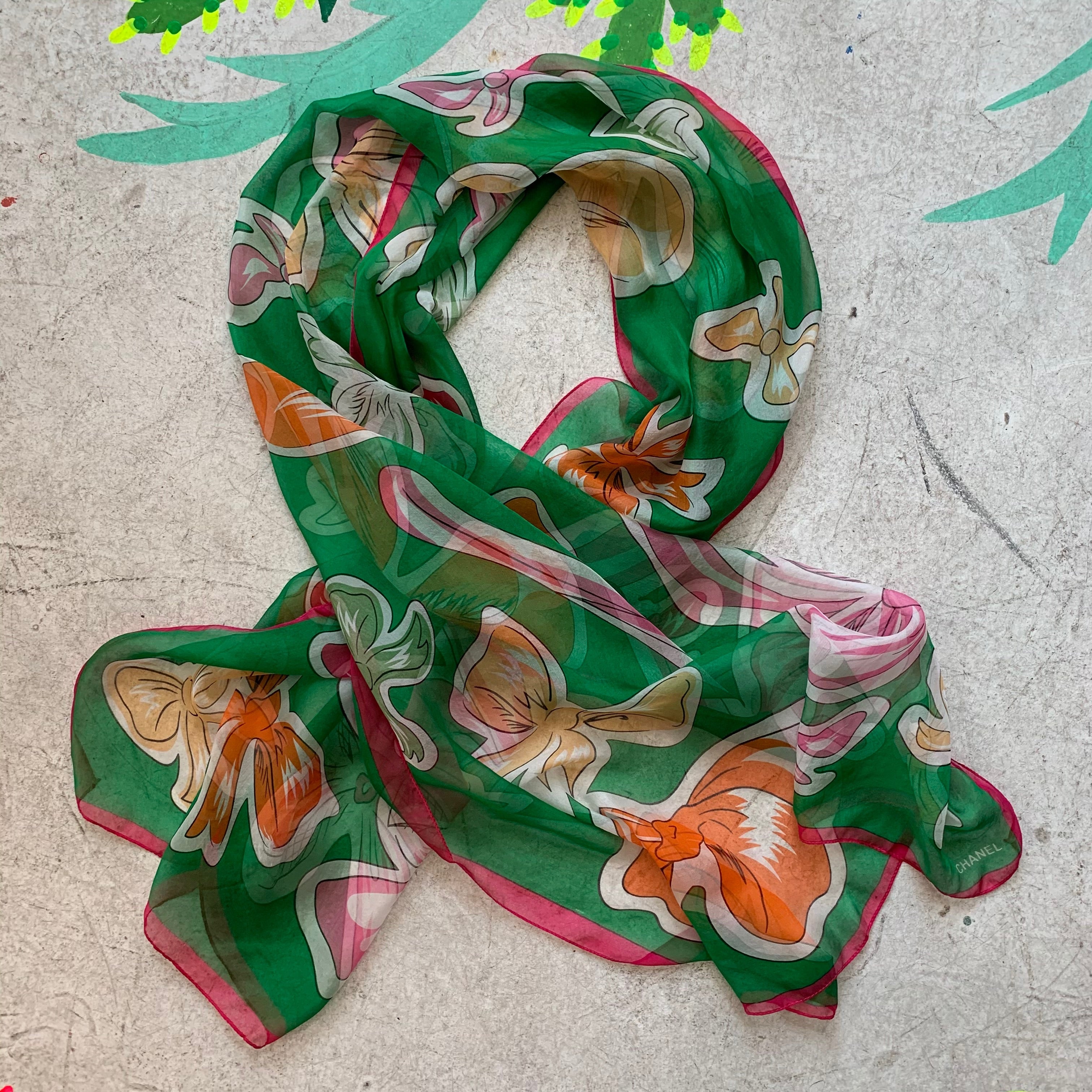 80-90s CHANEL vintage scarf シャネル ヴィンテージ 90s Chanel Bow Sheer Silk scarf – VACATION SF