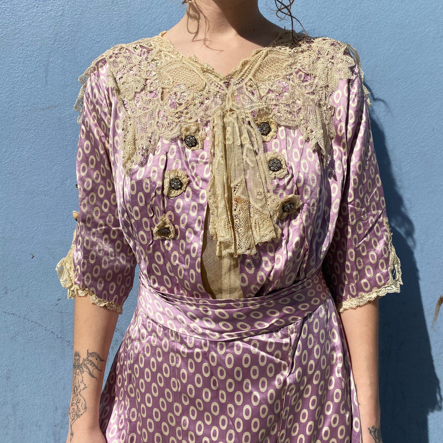 Lilac Silk Edwardian gown rhinestones lace Titanic Era