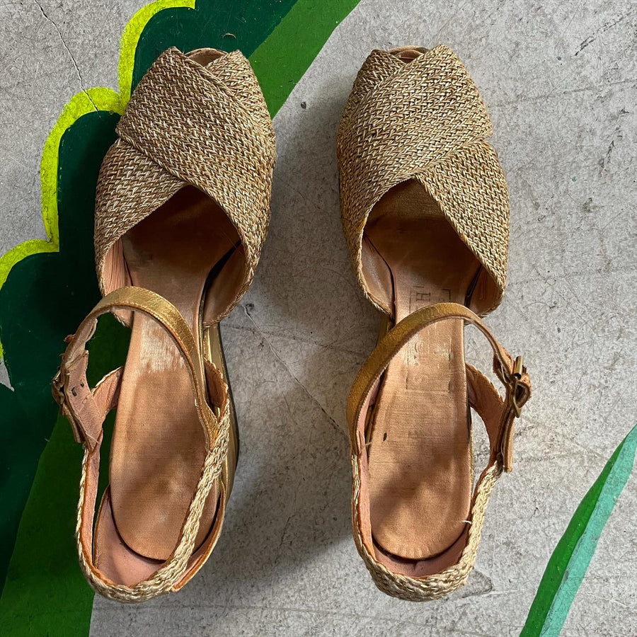 Late 30s early 40s Gold woven platform wedges