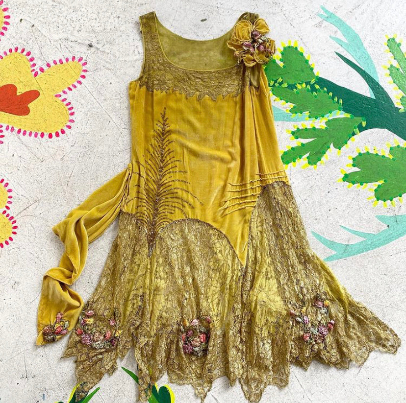 1920s Acid Green Silk Velvet Lamé Dress with Silk Flowers