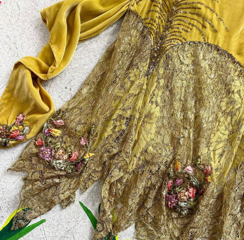 1920s Acid Green Silk Velvet Lamé Dress with Silk Flowers