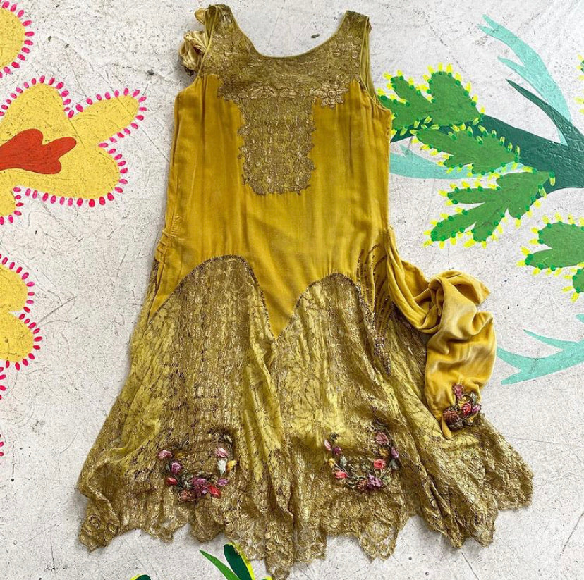 1920s Acid Green Silk Velvet Lamé Dress with Silk Flowers