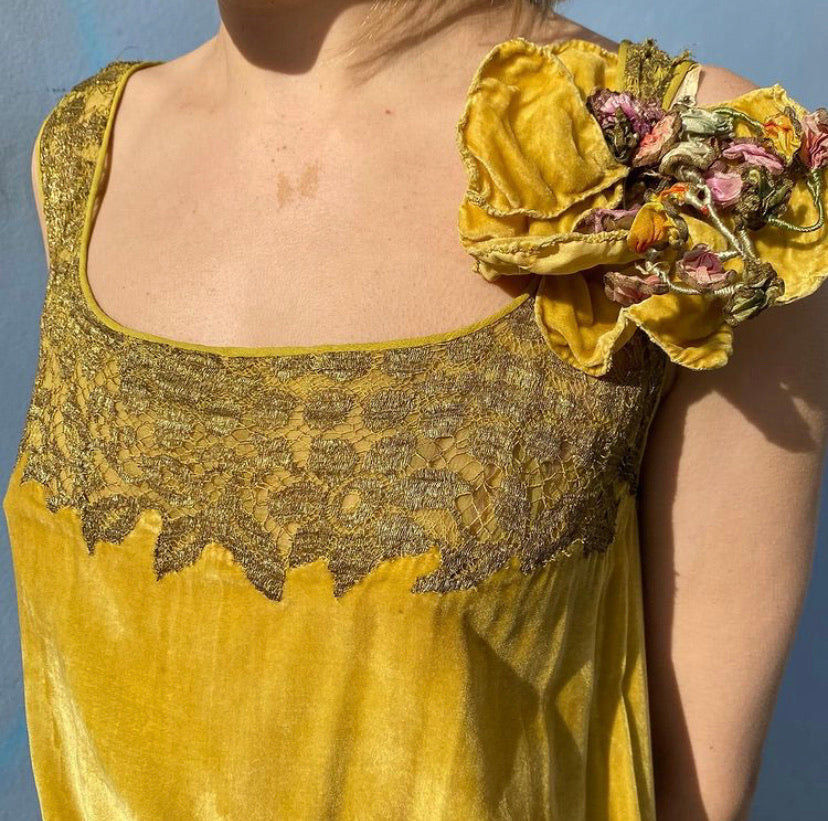 1920s Acid Green Silk Velvet Lamé Dress with Silk Flowers