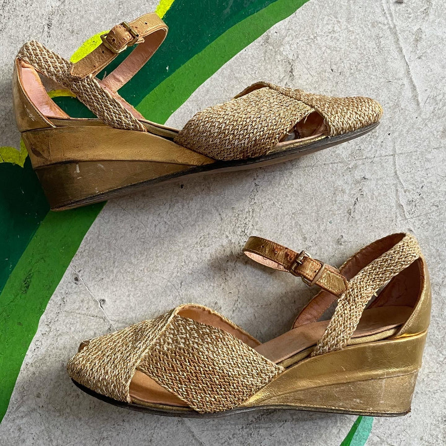 Late 30s early 40s Gold woven platform wedges