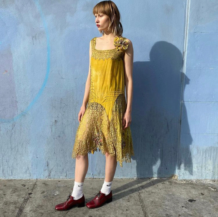 1920s Acid Green Silk Velvet Lamé Dress with Silk Flowers